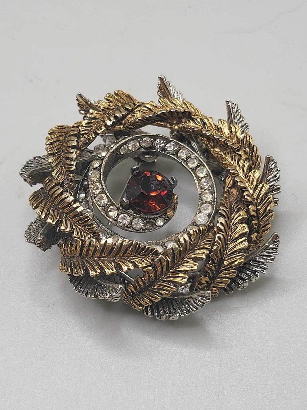 Vintage ART Brooch Rhinestone Wreath Gold Silver Tone Red Spiral Signed 2 in